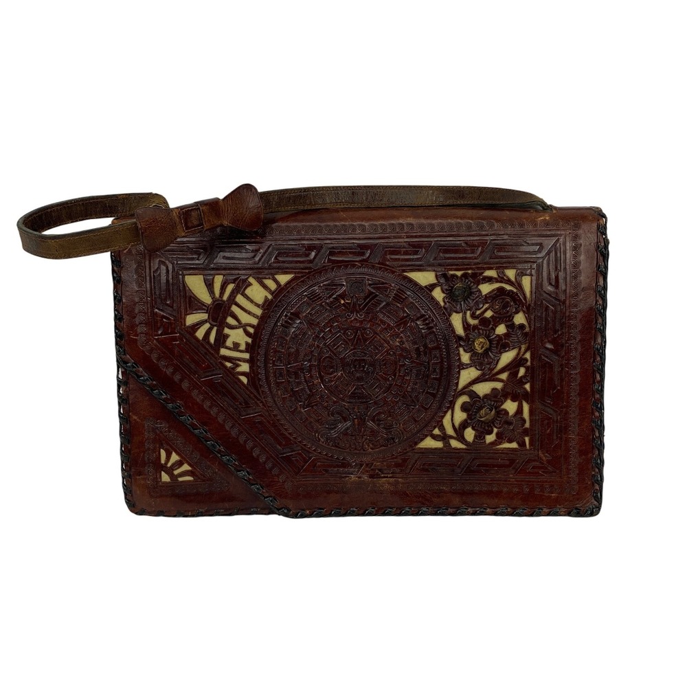 Vintage Unique Tooled Leather Handbag Aztec‎ Calendar Mexico Bag Purse